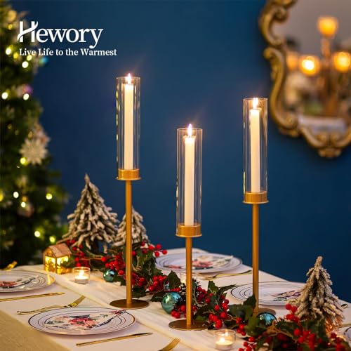 Hewory Gold Candlestick Holders 3-Piece Glass Hurricane with Tall Brass Base - Matte Gold