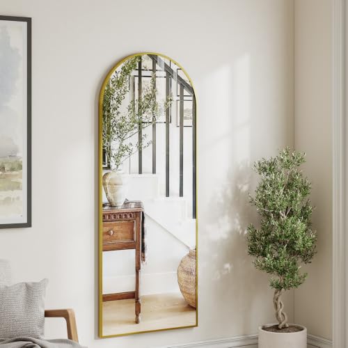 Gold Arched Full Length Floor Mirror 57x21 inch with Stand - Brushed Aluminum Frame, Shatterproof Glass, Full Body Reflection