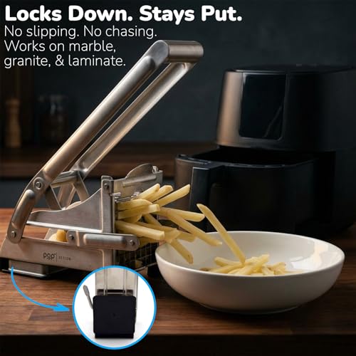 French Fry Cutter with 2 Blade Sizes - Commercial Stainless Steel Potato & Vegetable Slicer, Suction Base, Dishwasher Safe