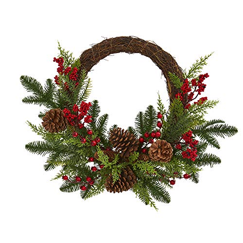 Nearly Natural 22-Inch Artificial Christmas Wreath with Pinecones & Holly Berries