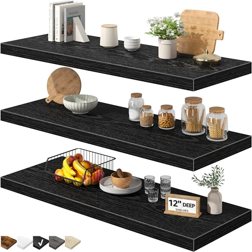 QEEIG 12" Deep Floating Shelves for Wall (Black, Set of 3, 35.4" x