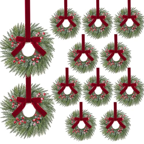 12Pcs 14" Mini Christmas Wreaths for Cabinets Small Wreaths with Velvet Bow