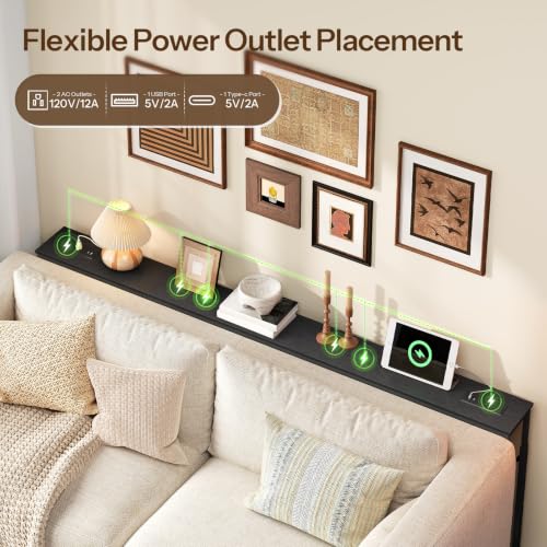 HOOBRO 78.7-Inch Black Narrow Console Table with 5-Height Settings & Built-In Charging Stations — Behind Couch, Slim Design