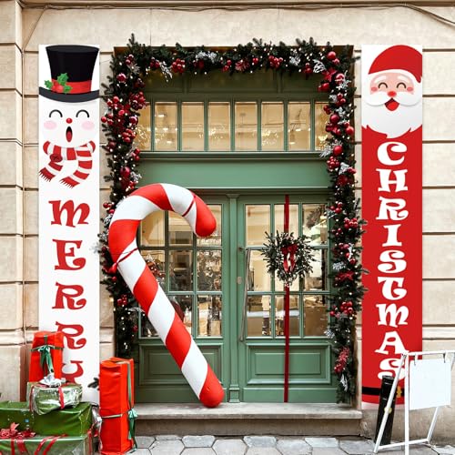 Christmas Porch Banner Sign Snowman Santa Claus Merry Christmas Banner for Xmas Holiday Wall Hanging Decor Supplies Indoor Outdoor