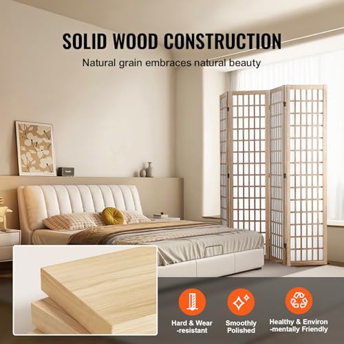 VEVOR 4 Panel Japanese Room Divider Natural Folding Privacy Screen Indoor & Office