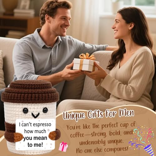Anniversary crochet coffee mug for him/her - Eterfordista knit cup with card (variation: Mean)
