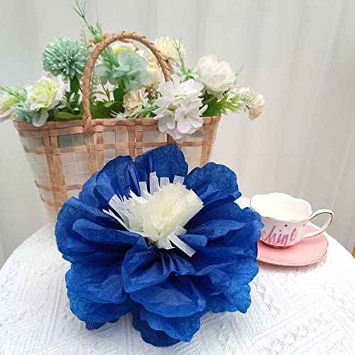 Mybbshower 12 PCS Navy Blue Gold Tissue Paper Flowers for Birthday Baby Bridal Shower Wedding Bachelorette Navy Blue Anniversary Party Decorations 10"-6"