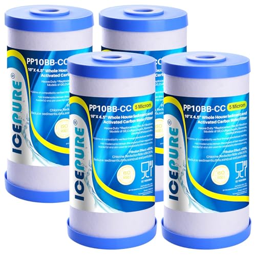 ICEPURE 5 Micron 10x4.5-Inch Whole House Sediment and Carbon Water Filter 4 Pack with PP Cotton + Activated Carbon