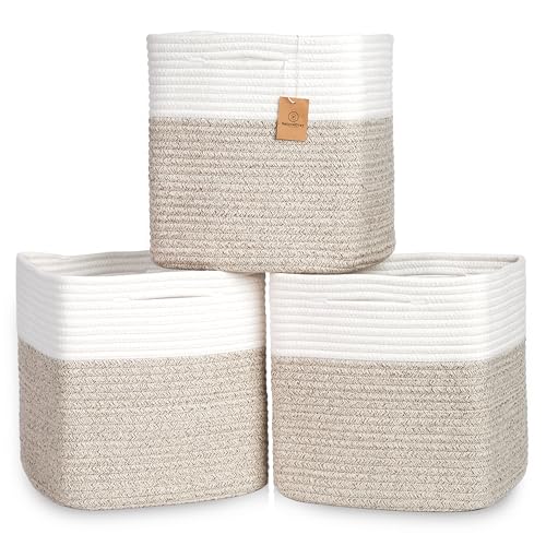 13 Inch Cube Storage Bins - Cotton Rope Woven Baskets for Organizing, 3-Pack, Off White & Mixed Brown