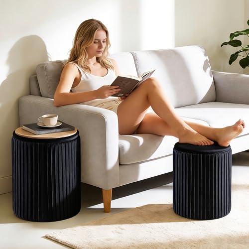 DUMOS Deep Black 14.57''D x 18.11''H Round Storage Ottoman Set of 2 - Vanity & Foot Stool