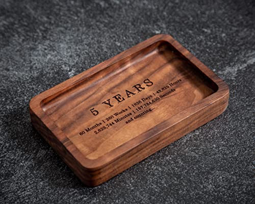 MUUJEE 5 Year Ring Dish - Engraved Rectangle Wood Tray Small Jewelry