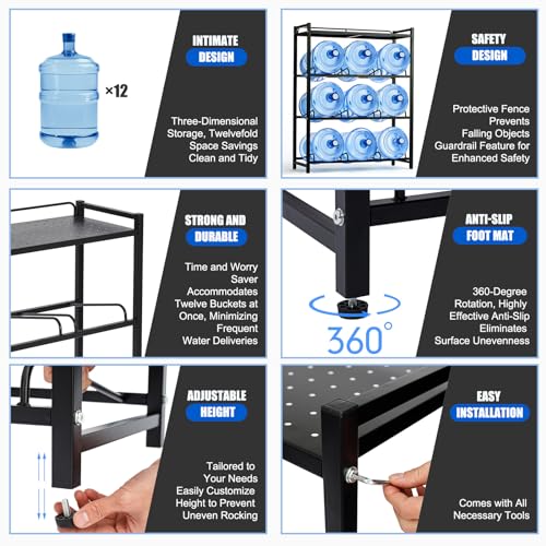 Black 9-Slot 5 Gallon Water Bottle Holder with Top Shelf - Heavy Duty Rack