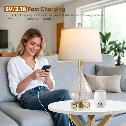 Gold & Clear Crackle Glass Bedside Lamps Set of 2 - Modern Touch Dimmable Nightstand Lights with USB Ports