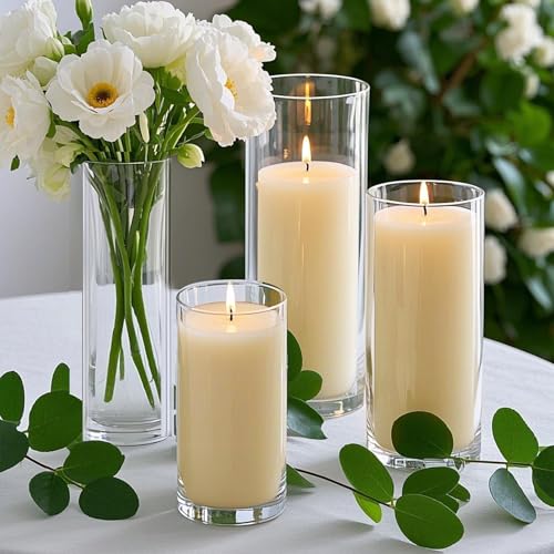 Homjoy 24 pcs Ivory White Pillar Candles with Glass Candle Holders - Elegant Wedding & Home Decor Set