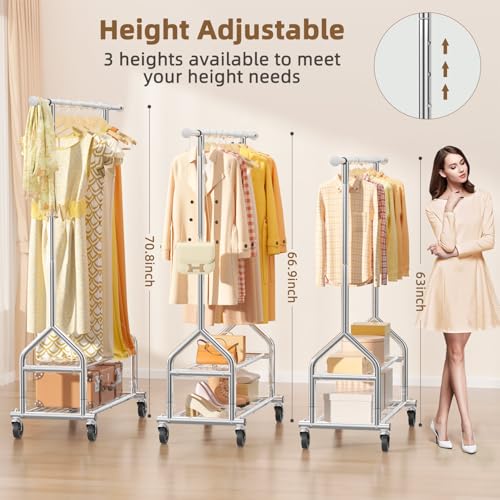 Silver Heavy Duty Clothes Rack with 2 Shelves, Adjustable Height & Wheels, 556 lbs Capacity
