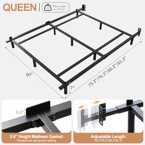 Queen Size Low Profile Metal Platform Bed Frame - Adjustable Length, Heavy Duty Support, Recessed Legs