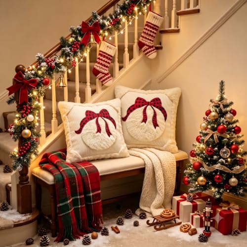 Vteeculor Beige Christmas Bell 18x18 Set of 2 Plush Faux Fur Throw Pillow Covers