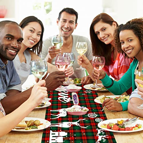 Tipbrol Believe Christmas Buffalo Plaid Table Runner - 72 Inch Burlap Red Green Snowman Pattern