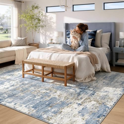 Blue 6' x 9' Washable Modern Abstract Area Rug for Living Room & Bedroom