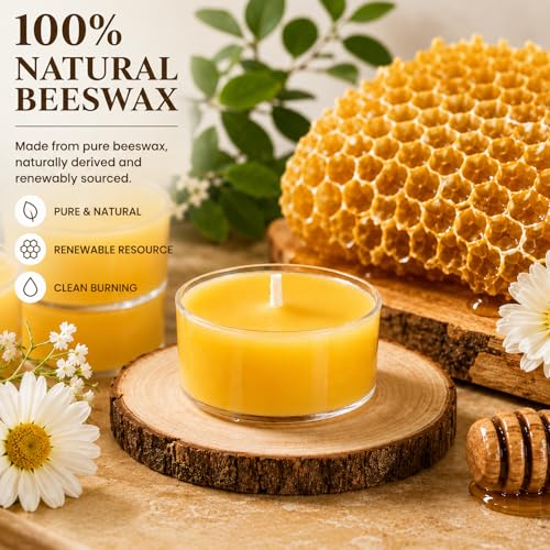 Unscented Beeswax Tea Lights Candles 48 Pack - Yellow, 4 Hour Burn Time