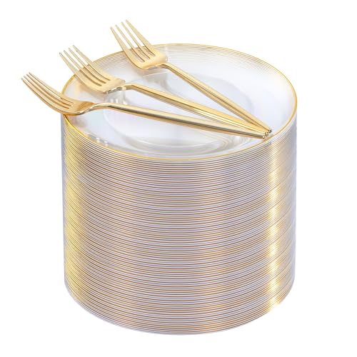 Clear Gold Disposable Dessert Plates & Forks Set - 200 Pieces for Weddings & Parties