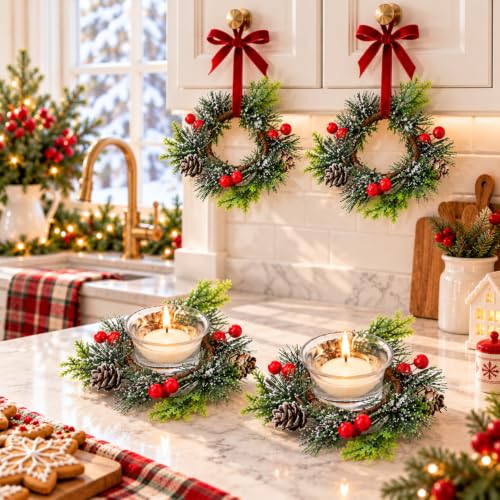 Christmas Candle Ring Wreath Set with Votive Candles & Holders - Holiday Decor