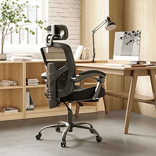 High-Back Mesh Office Desk Chair with Foot Rest - Classic Black