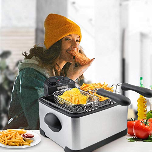 4.4 Quart Stainless Steel Deep Fryer with 3 Baskets, Timer, Odor Filter - Silver