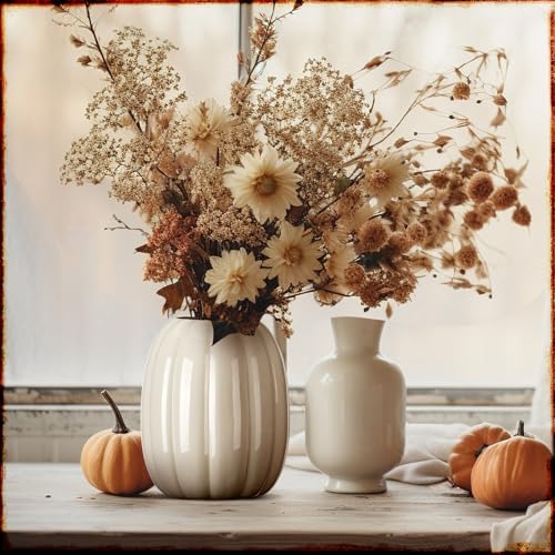 Minimalist White Ceramic Pumpkin Vase - 6.7 Inch Fall Decor, Utensil Holder