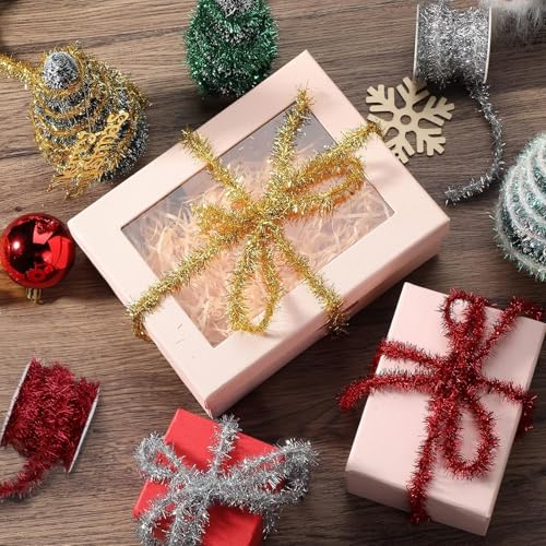 KINGLAKE Glitter Christmas Tinsel Garland - 4 Rolls 60 FT Christmas Tree Tinsel Garland Xmas Red Green Gold Silver Mini Tree Glitter Garland for Mini Tree Craft Gift