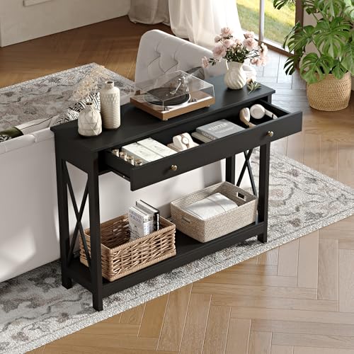 Treocho Black Console Table with Drawer & Shelves - 40.1" Wide Entryway Sofa Table