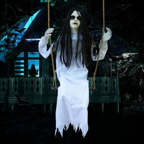 Halloween Hanging Swinging Girl Prop - Creepy White Outdoor & Indoor Decoration