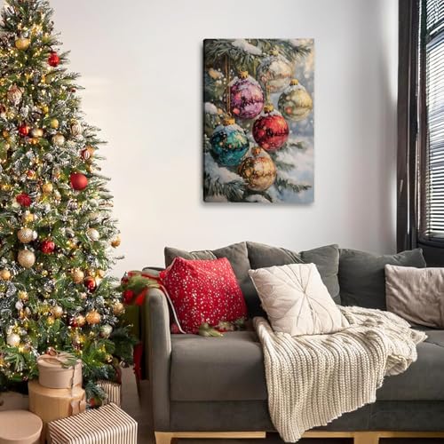 FENNIDICE Christmas Tree Canvas Wall Art 16x24 Snow Scene Winter Decor with Baubles
