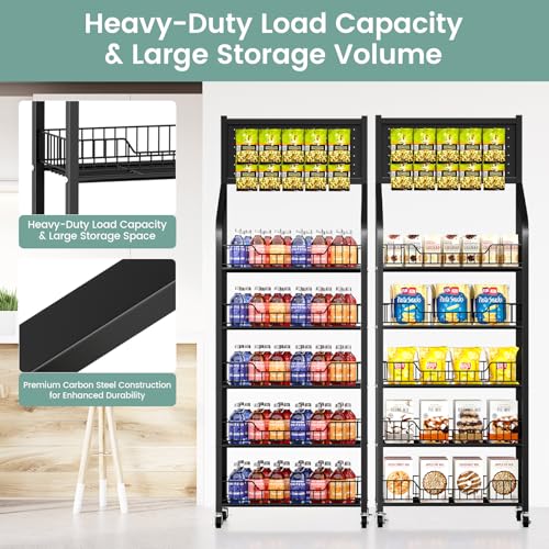60cm Black Metal Snack Display Rack with Hooks & Wheels - 5 Tiers for Store & Home