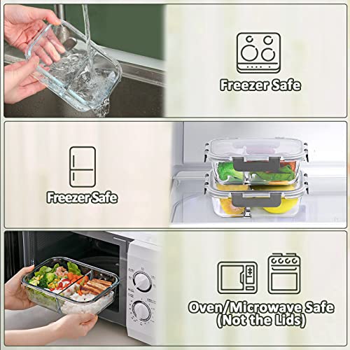 Glass Meal Prep Containers 36 oz with 2 Compartments and Locking Lids - Gray - 5 Pack