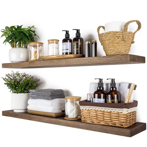 Dark Walnut 36-inch Floating Wall Shelves Set of 2 - Rustic Solid Wood Storage