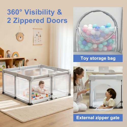 JJKAKA 50x50 Light Grey Foldable Baby Playpen, Portable Toddler Play Yard