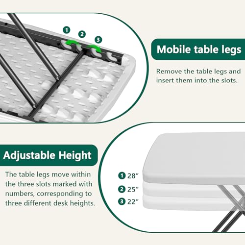 Plastic White 30-Inch Folding Table with 3-Height Settings - Heavy Duty Portable Desk for Camping, Home, Office, and Outdoor Use - No Assembly