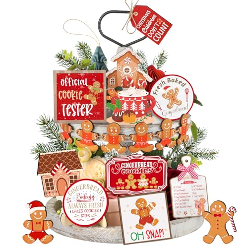 Draupnir 18 Pcs Christmas Tiered Tray Decor Set Winter Tiered Tray Gingerbread Christmas Decorations Farmhouse Tabletop Centerpiece Xmas Wooden 3D Sign Gingerbread Decor for Home Table