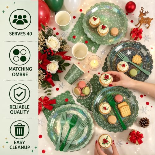 Green Iridescent Party Tableware Set for 40 Guests - Holographic Plates (Clystrant)