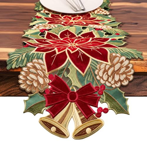 Christmas Tree Table Runner 14x108 in Red Green Winter Linen with Embroidery