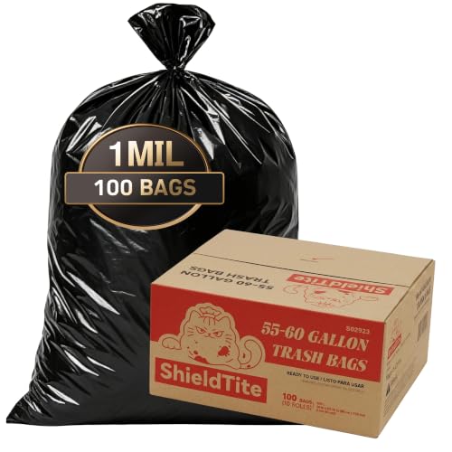 Heavy Duty Trash Bags 55-60 Gal - 100 Count, 1 Mil Thick Black Garbage Bags - ShieldTite Variation