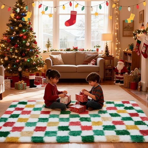 Boshengya Christmas Checkered Rug 6x9 ft Red & Yellow Holiday Fuzzy Carpet