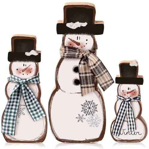Suzile 3 Pcs Christmas Snowman Table Decorations Winter Wooden Snowman Centerpiece Block Signs Tiered Tray Desktop Figurine for Indoor Fireplace Mantel Home Decor Holiday Xmas Party Supplies