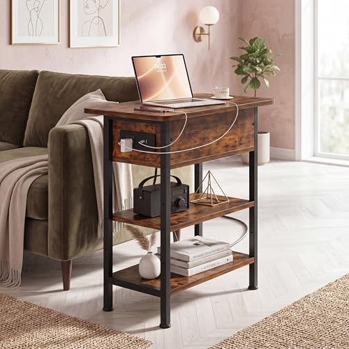 GRUSIGN Rustic Brown End Table with Charging Station, Flip Top Drawer & Storage