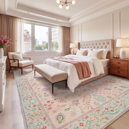 8x10 Pale Pink Floral Rug for Girls Room Non Slip Washable Boho Low Pile Carpet