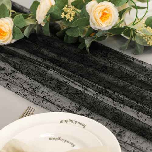 Snowkingdom Black Table Runner, 10FT Sheer Tulle Gauze Metallic Mesh Foil Table Decoration for Halloween, Thanksgiving, Party, and Christmas, Bridal, Baby Shower