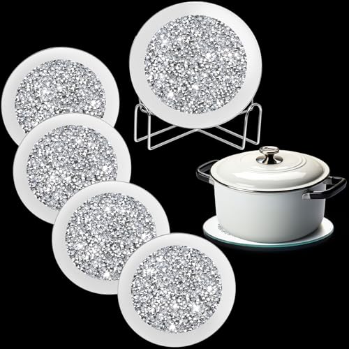 Jetec 6 Pcs Crystal Coasters with Holder – 7" Round Mirrored, Silver