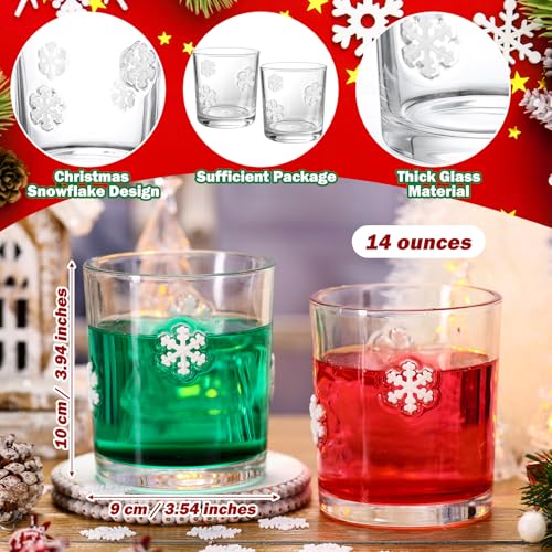 Bokon 14 oz Snowflake Glass Cups - 2 Pack Clear Snowflake Drinking Glasses