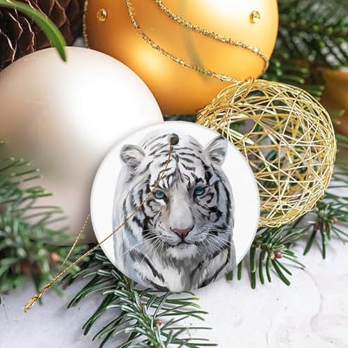 Ceramic Christmas Ornaments White Tiger Double-Sided Xmas Hanging Decor